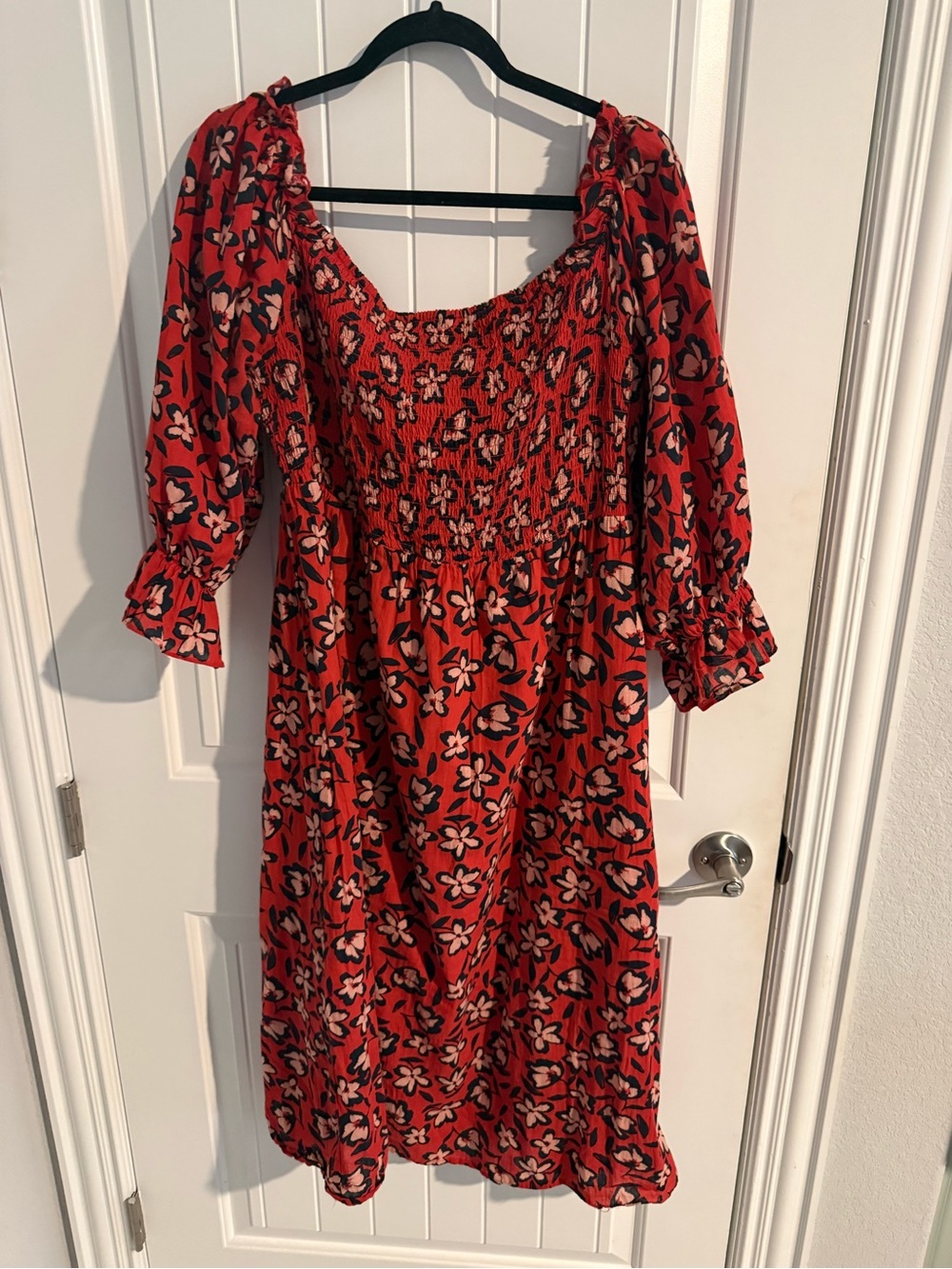 Who What Wear Red Floral Smocked Puff Sleeve Midi Dress XXL